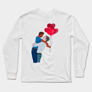 Male Couple Hugging While Holding Heart Shaped Balloons Long Sleeve T-Shirt